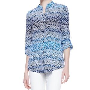 Diane Von Furstenberg Blue and White Patterned Button Down Shirt